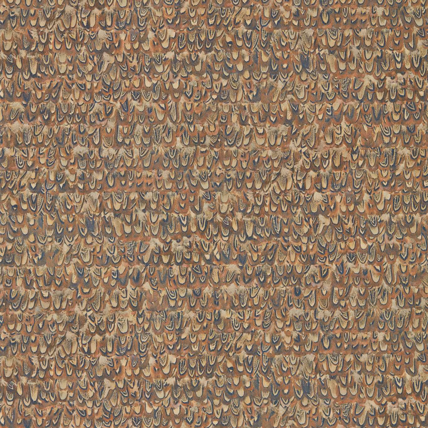 Dense copper and russet scalloped feather motifs with blue-grey and charcoal accents