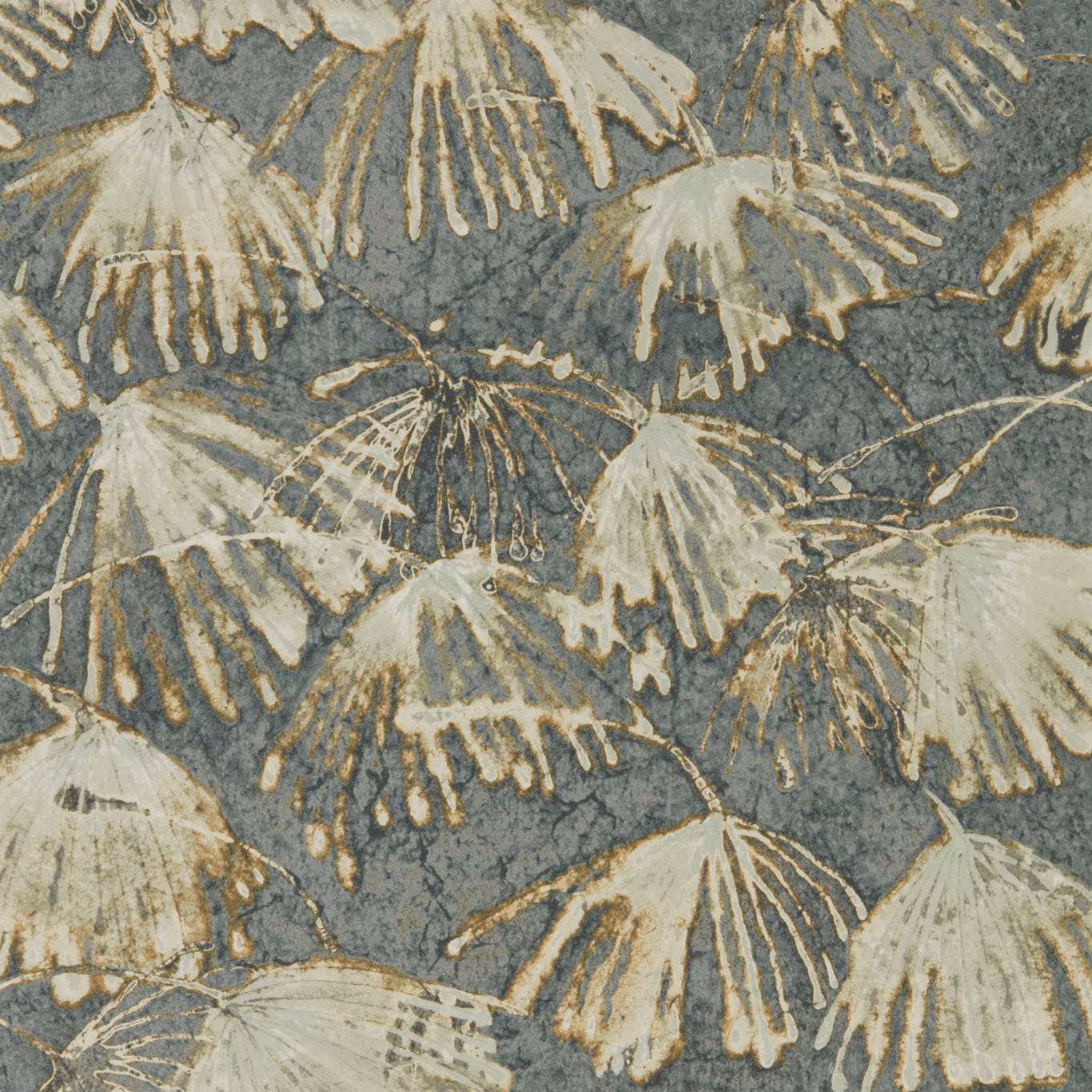 Muted blue-stone wallpaper with ivory fan-shaped leaves and weathered tan outlines