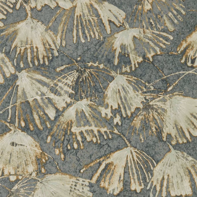 Muted blue-stone wallpaper with ivory fan-shaped leaves and weathered tan outlines