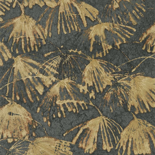 Charcoal wallpaper with burnished gold, fan-shaped botanical sprays and a mottled ground