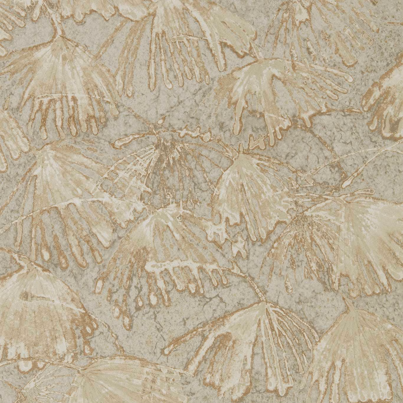 Pale greige wallpaper with large outlined botanical fan motifs and mottled fossil texture