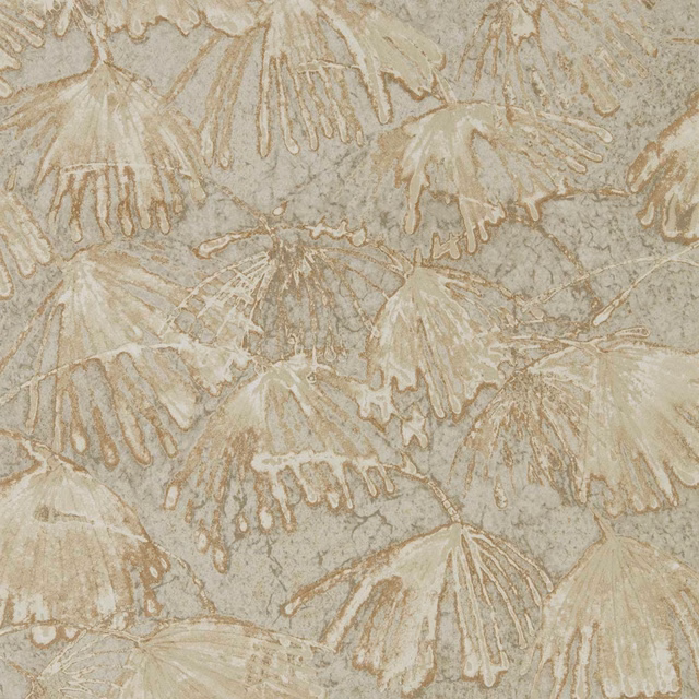 Pale greige wallpaper with large outlined botanical fan motifs and mottled fossil texture