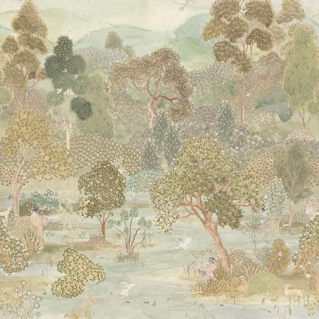 Muted sage and aqua scenic wallpaper with layered trees, water and distant hills