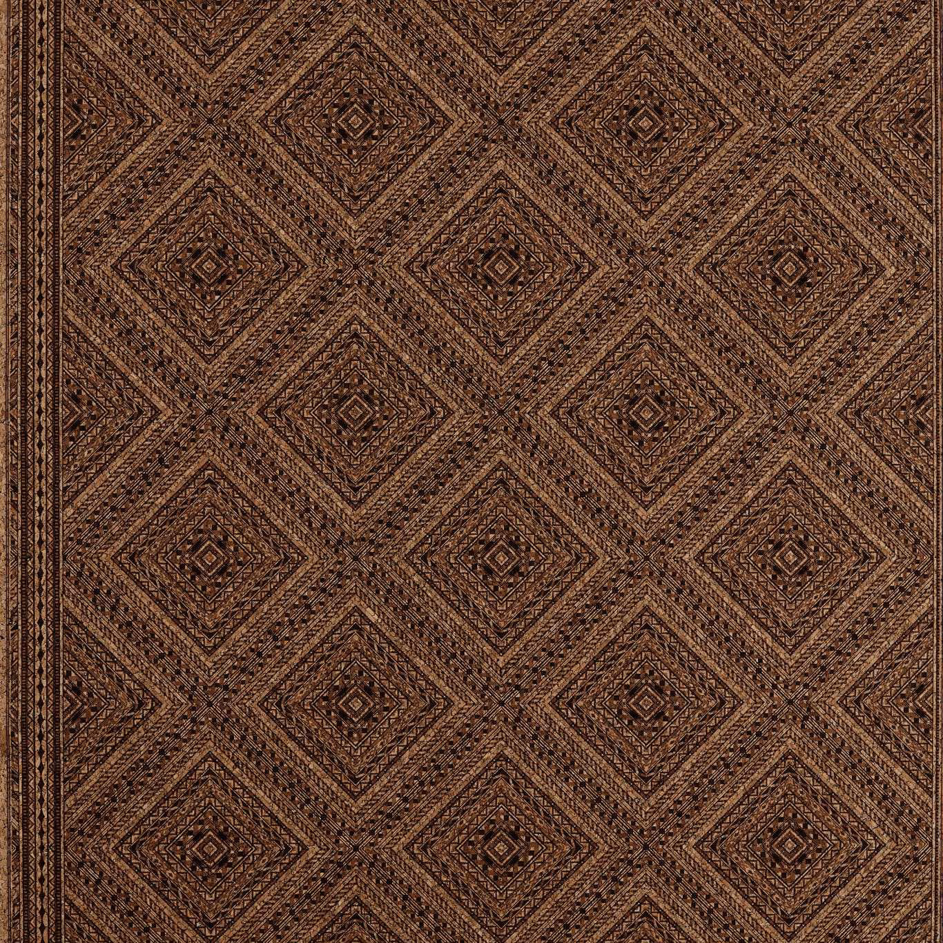 Deep cork-brown wallpaper with intricate nested diamond trellis motifs in dark and copper lines