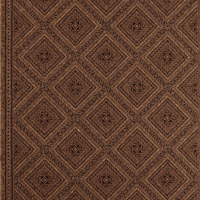 Deep cork-brown wallpaper with intricate nested diamond trellis motifs in dark and copper lines