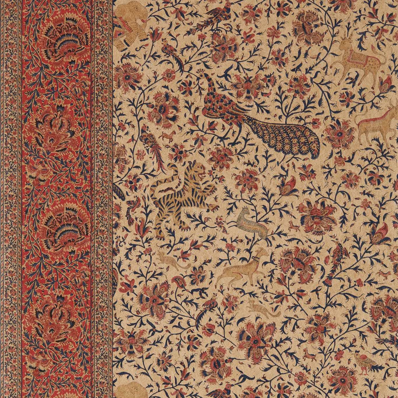 Indigo and madder fauna among flowers on a cream illustrated wallpaper ground