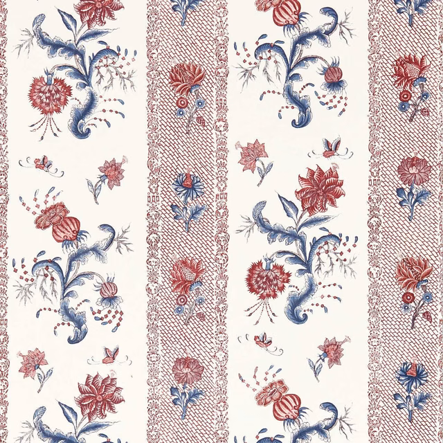 Ivory wallpaper with indigo and madder florals in alternating striped panels