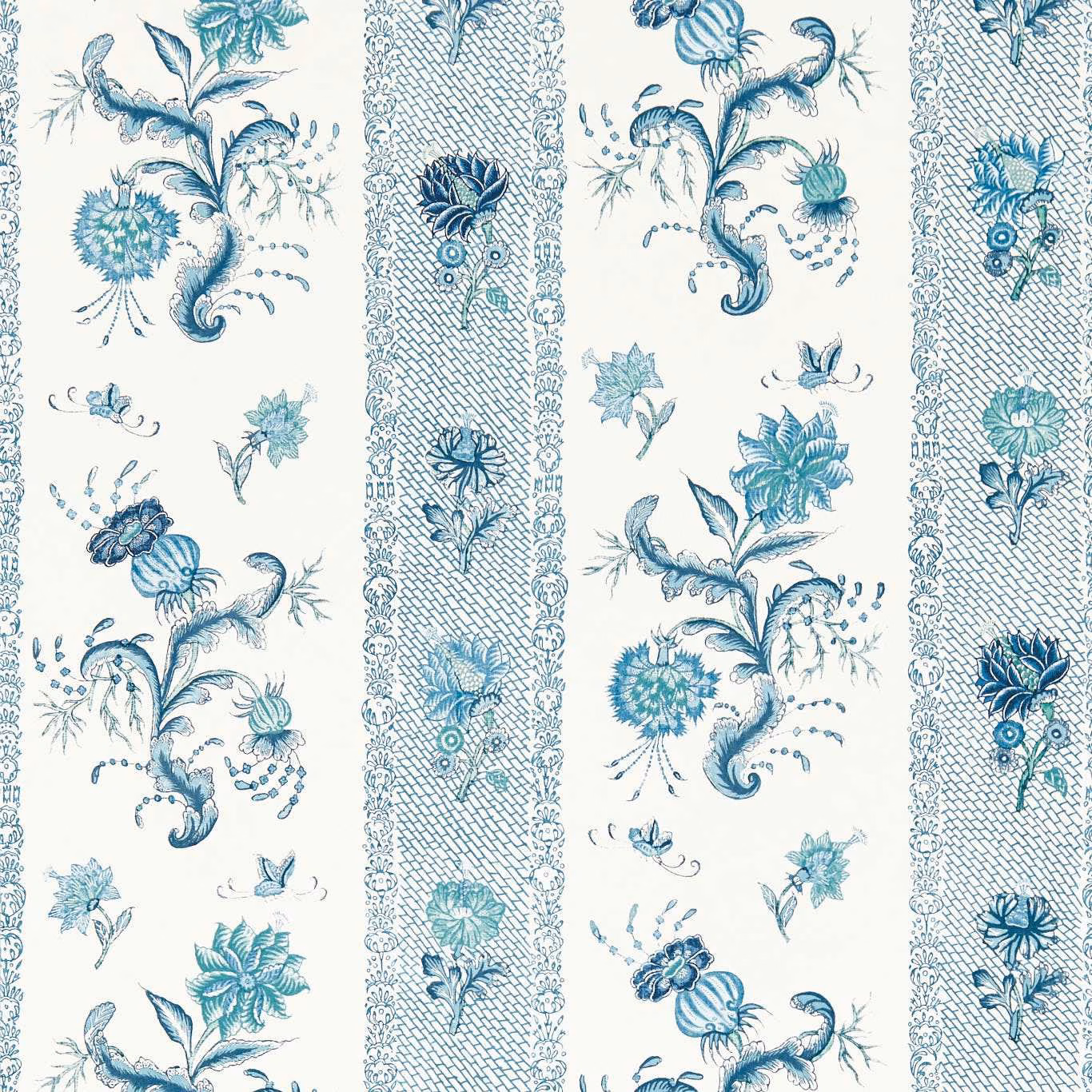 Mazarine blue and teal papaver blooms on a cream striped wallpaper