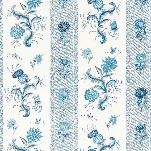 Mazarine blue and teal papaver blooms on a cream striped wallpaper