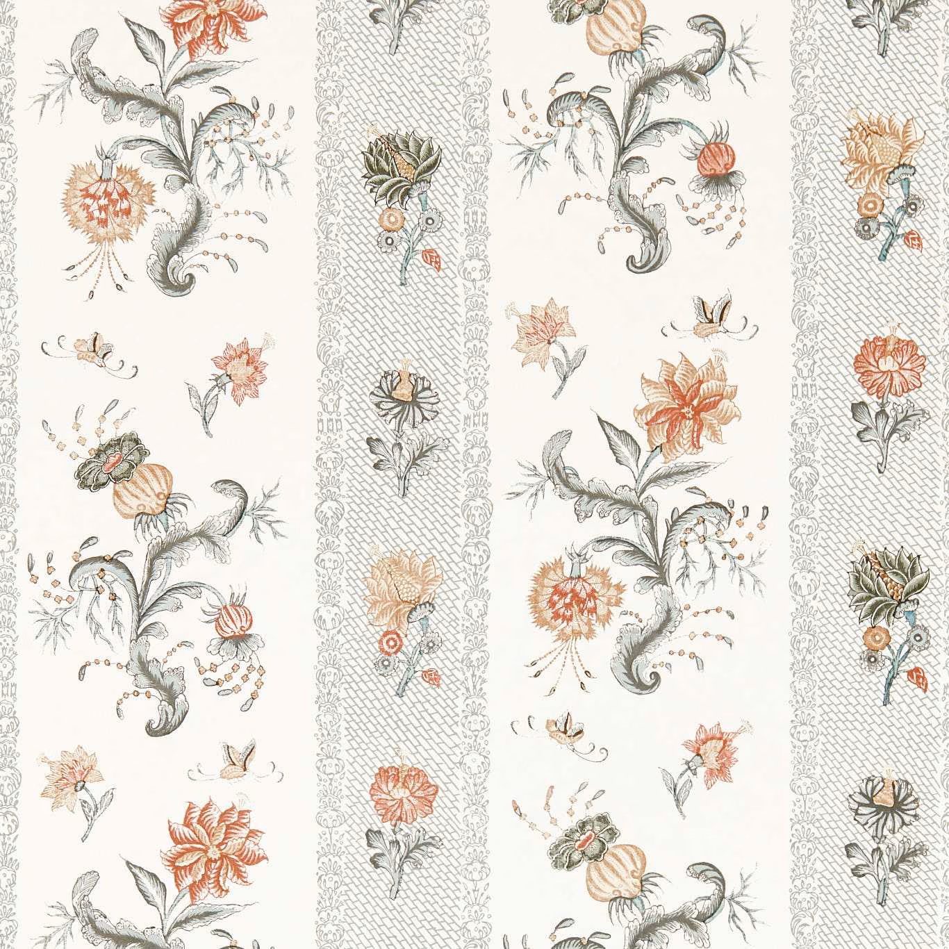 Muted Tuscan-pink flowers and grey-green botanical sprigs on a cream striped ground