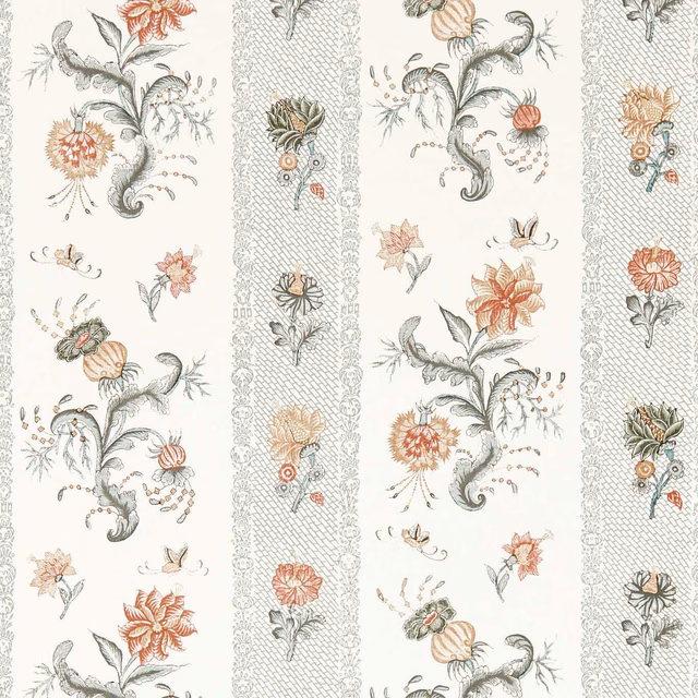 Muted Tuscan-pink flowers and grey-green botanical sprigs on a cream striped ground