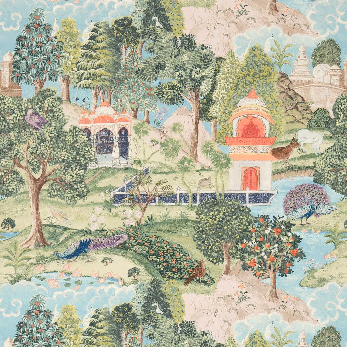 Peacock green and coral scenic wallpaper with pagodas, peacocks and lush trees