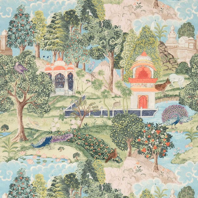 Peacock green and coral scenic wallpaper with pagodas, peacocks and lush trees