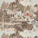 Pale aqua scenic garden wallpaper with pagodas, peacocks, trees and coral accents