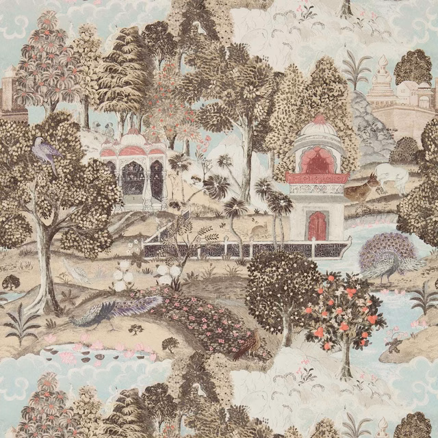 Pale aqua scenic garden wallpaper with pagodas, peacocks, trees and coral accents