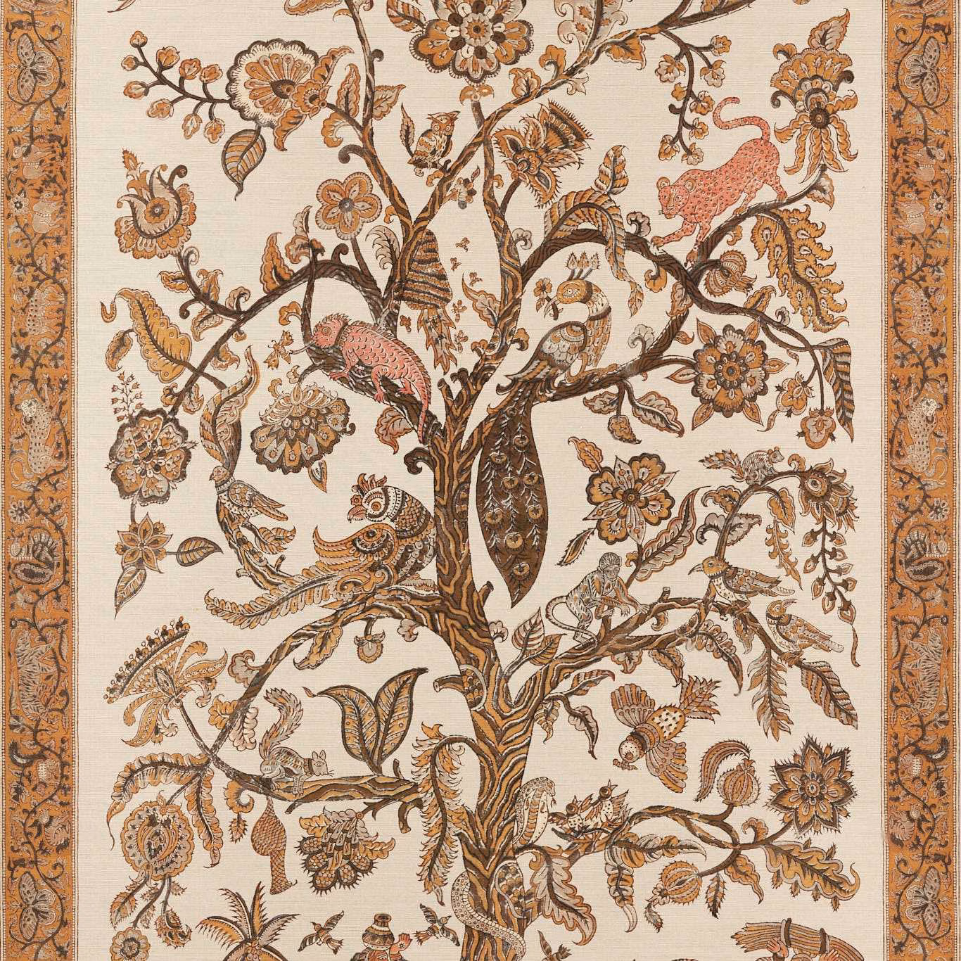 Cream Tree of Life wallpaper with spice branches, birds, flowers and ornate border