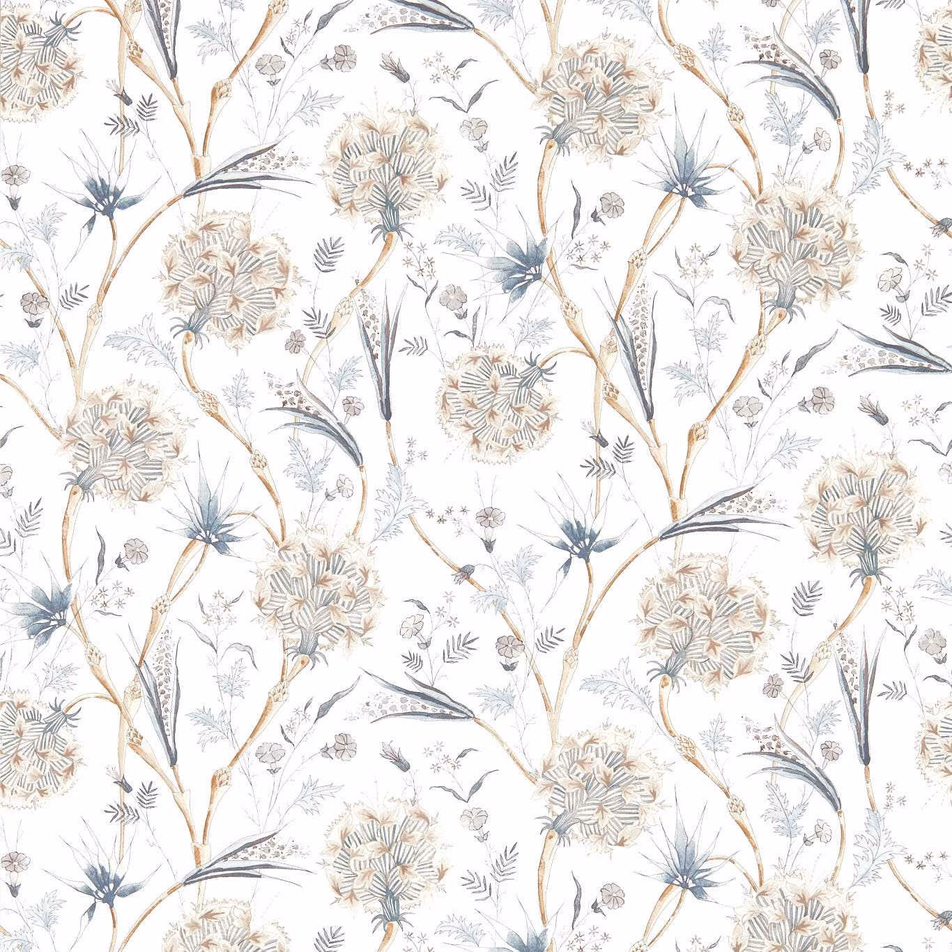 Cool cream ground with blue-grey flower heads, taupe stems and fine botanical sprigs
