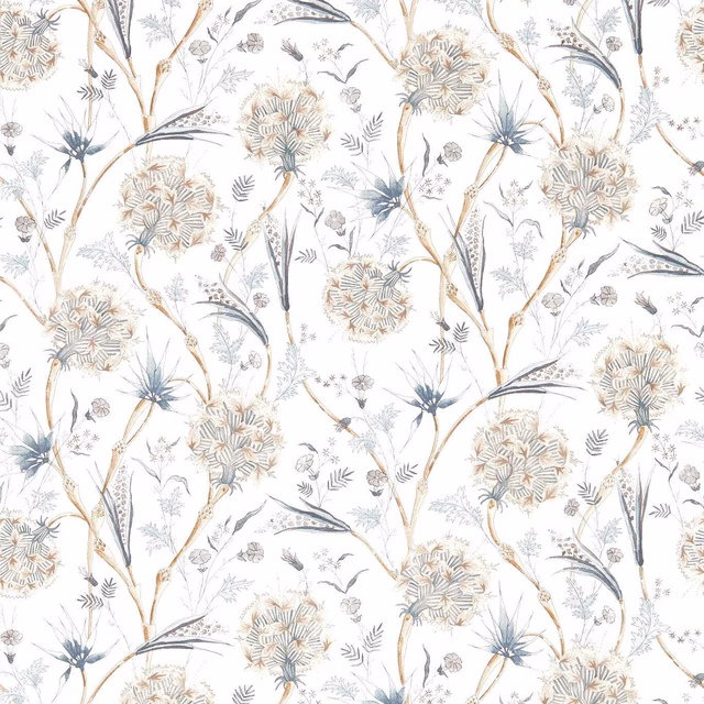 Cool cream ground with blue-grey flower heads, taupe stems and fine botanical sprigs