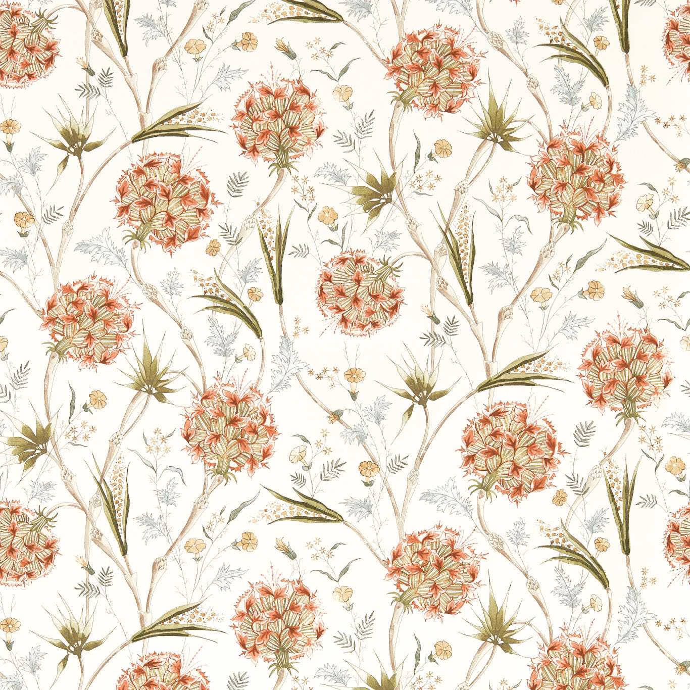 Cream wallpaper with russet flower heads, olive leaves and fine trailing botanical stems