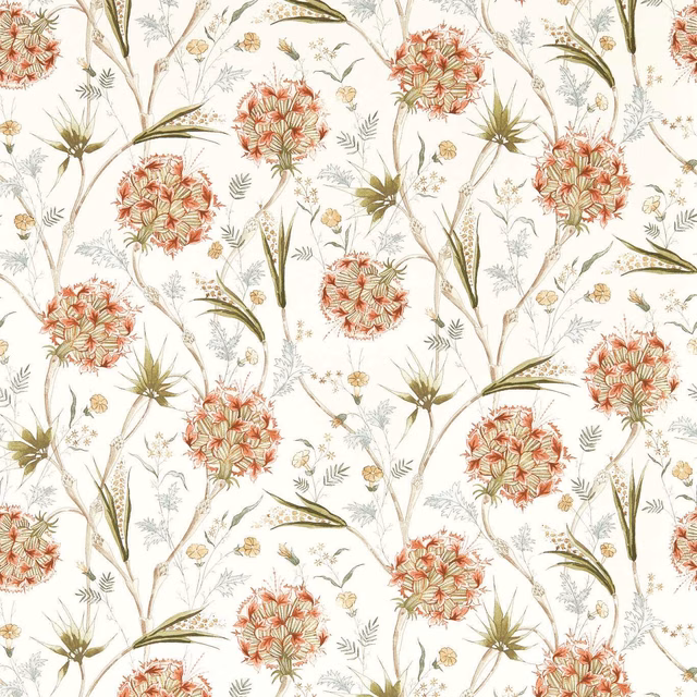 Cream wallpaper with russet flower heads, olive leaves and fine trailing botanical stems