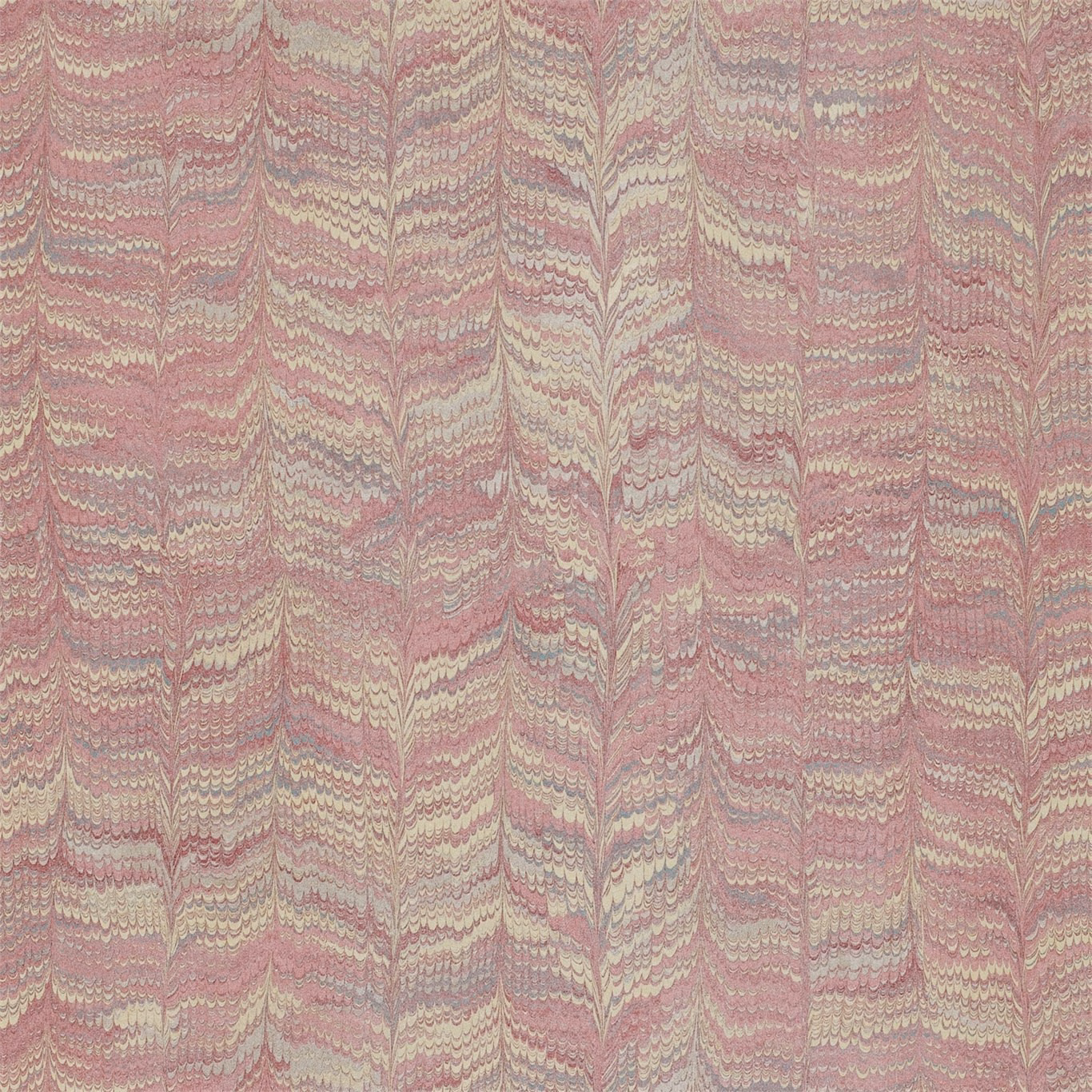Dusty rose-red wallpaper with cream, taupe and grey marbled wave bands