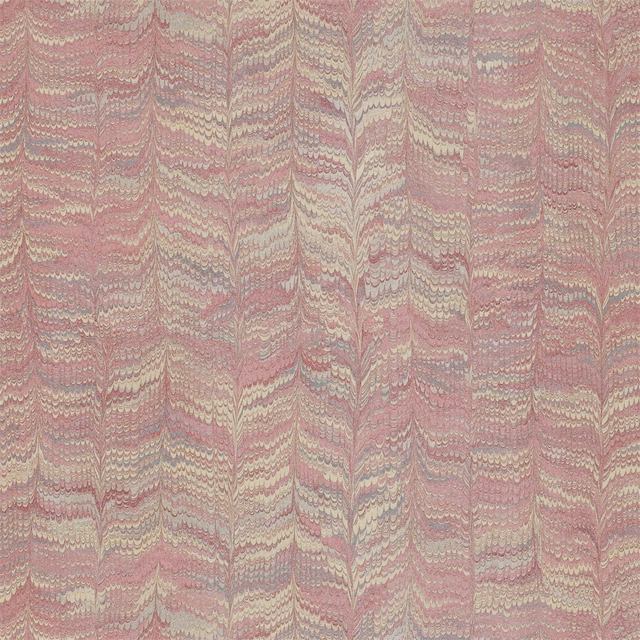 Dusty rose-red wallpaper with cream, taupe and grey marbled wave bands