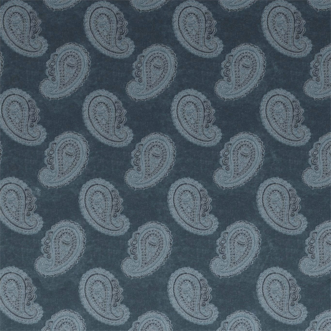 Deep blue-teal velvet with blue-grey outlined paisley motifs and softly brushed texture