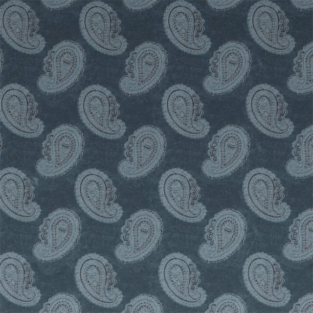 Deep blue-teal velvet with blue-grey outlined paisley motifs and softly brushed texture