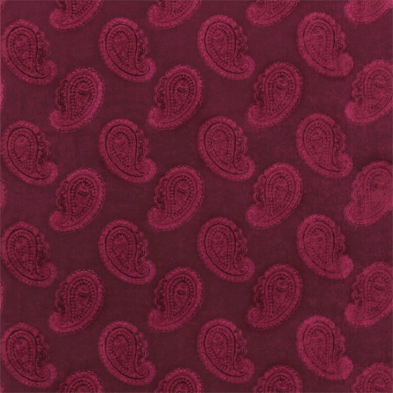 Deep burgundy velvet with tonal paisley motifs, plum shadows and berry sheen