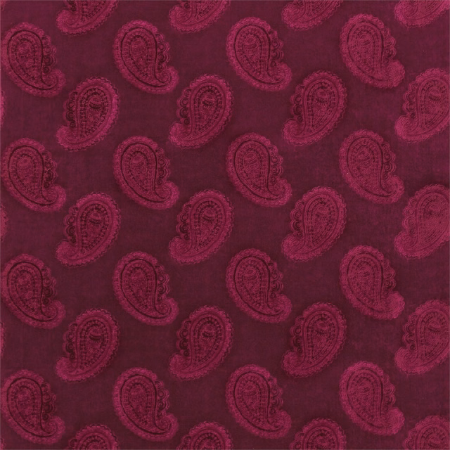 Deep burgundy velvet with tonal paisley motifs, plum shadows and berry sheen