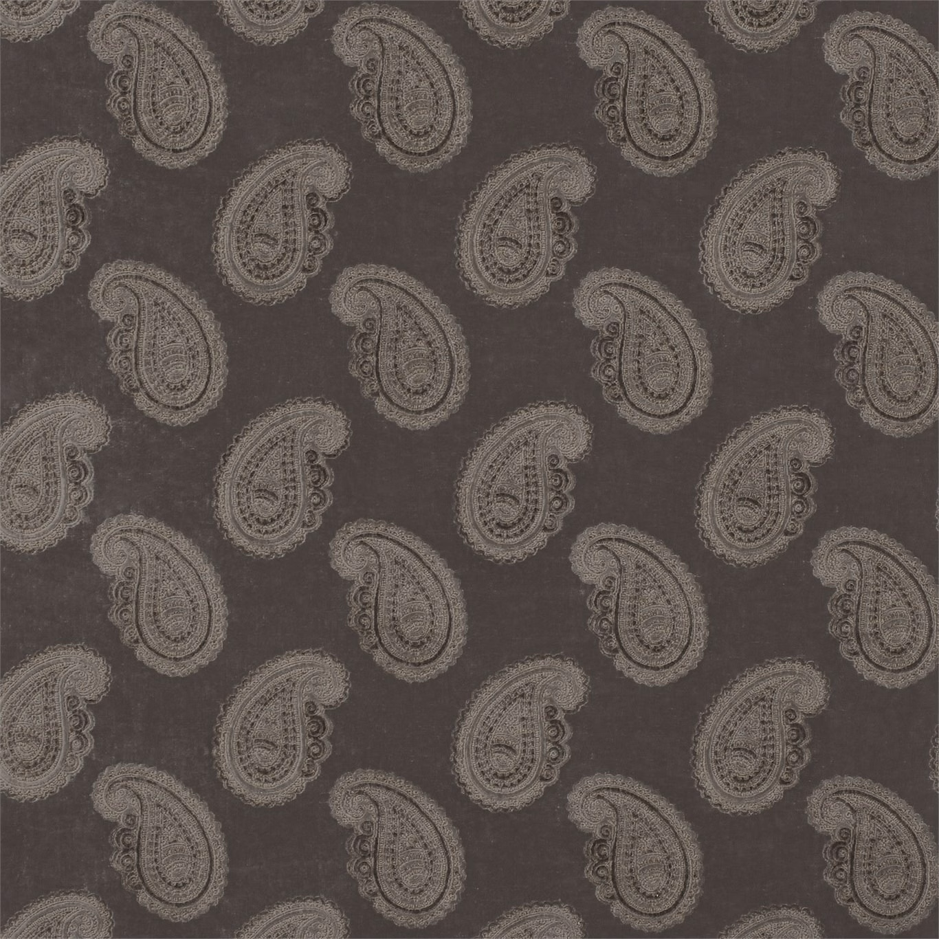 Deep sable brown velvet with muted taupe paisley motifs and ornate scrolling detail