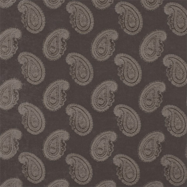 Deep sable brown velvet with muted taupe paisley motifs and ornate scrolling detail