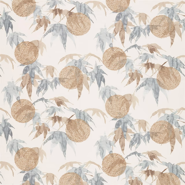 Cream botanical fabric with slate-blue leaves and warm stone round fruit motifs