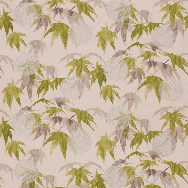 Platinum botanical fabric with olive leaves, taupe foliage and pale seed-head motifs