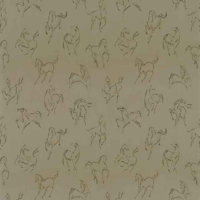 Muted taupe fabric with scattered charcoal-grey line drawings of horses