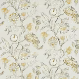 Pale quartz-grey fabric with delicate botanical branches, ivory flowers and muted gold foliage