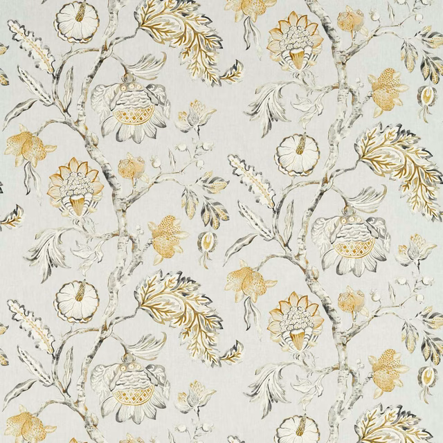 Pale quartz-grey fabric with delicate botanical branches, ivory flowers and muted gold foliage