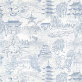 Cool indigo chinoiserie scene with pagodas, arched bridges and clouds on a pale ground
