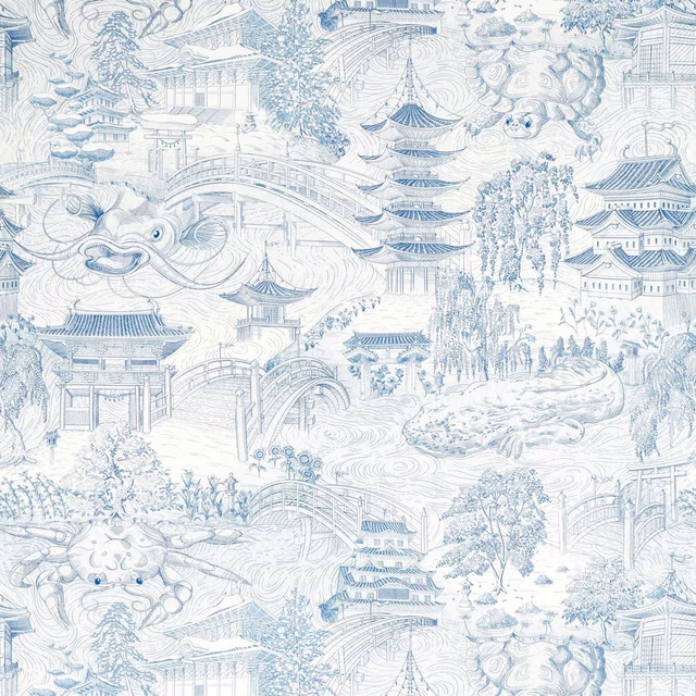 Cool indigo chinoiserie scene with pagodas, arched bridges and clouds on a pale ground
