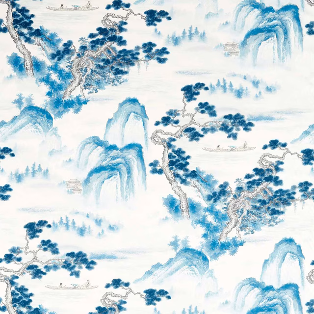 Pale indigo scenic fabric with misty mountains, trees and tiny boats