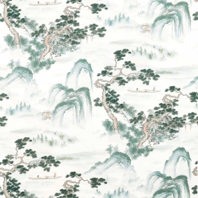 Pale grey-green scenic fabric with mountains, waterfalls, pine trees and tiny boats