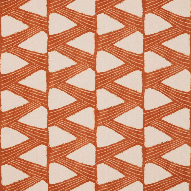 Burnished copper geometric bands with cream triangular openings in a woven fabric