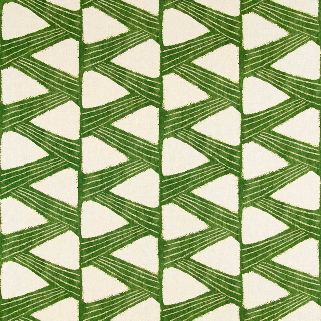 Muted moss green and ivory fabric with textured interlocking triangular geometric bands
