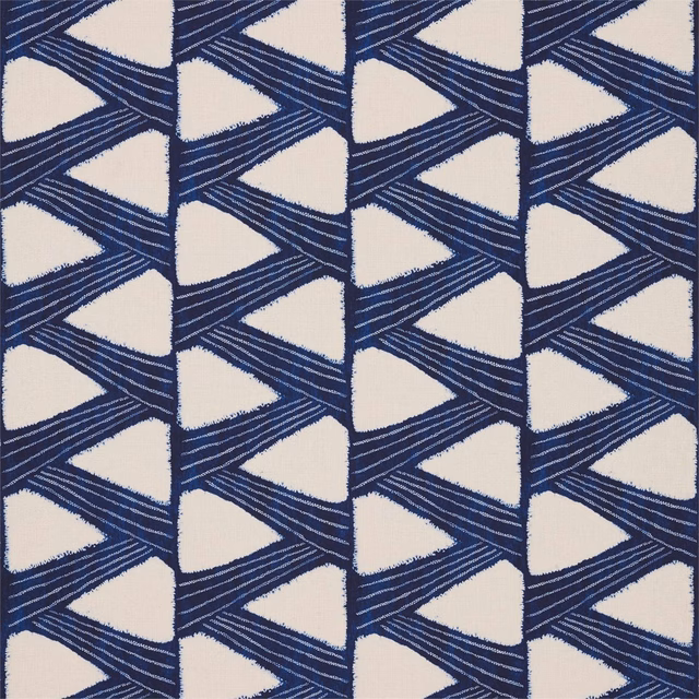 Deep indigo woven triangles and fine ivory geometric openings