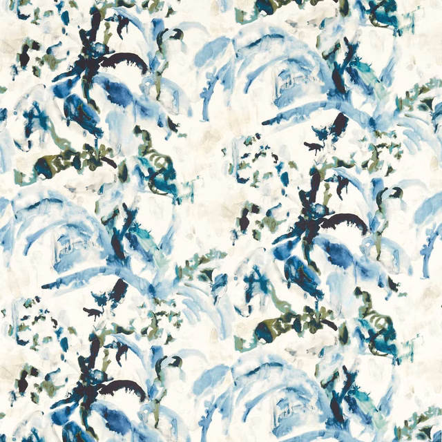 Cream-ground botanical swatch with washed indigo blooms, pale blue strokes and olive leaves.