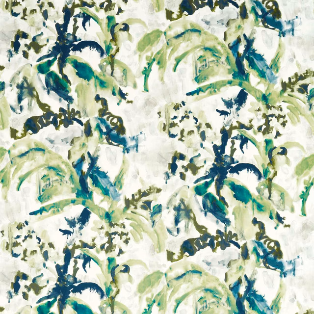 Cream botanical fabric with painterly sage fronds, olive foliage and deep blue accents