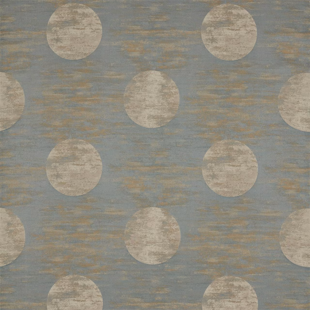Muted blue-grey textile with large beige circles and horizontal woven striations