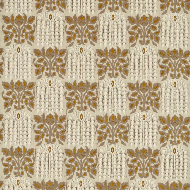 Antique gold embroidery with cream leaf columns and taupe botanical motifs