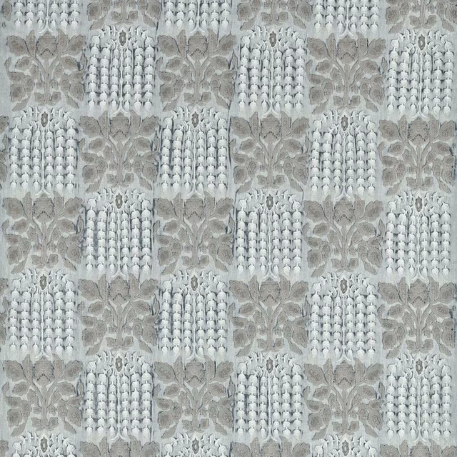 Faded amethyst floral embroidery with pale raised blooms and taupe-grey leafy columns