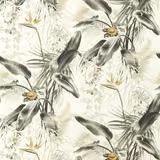 Ivory botanical fabric with charcoal banana leaves, sage foliage and ochre flowers